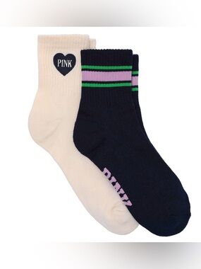 PINK Victoria's Secret Cream & Navy “Heart & Stripes” 2-Pack Quarter Socks- New